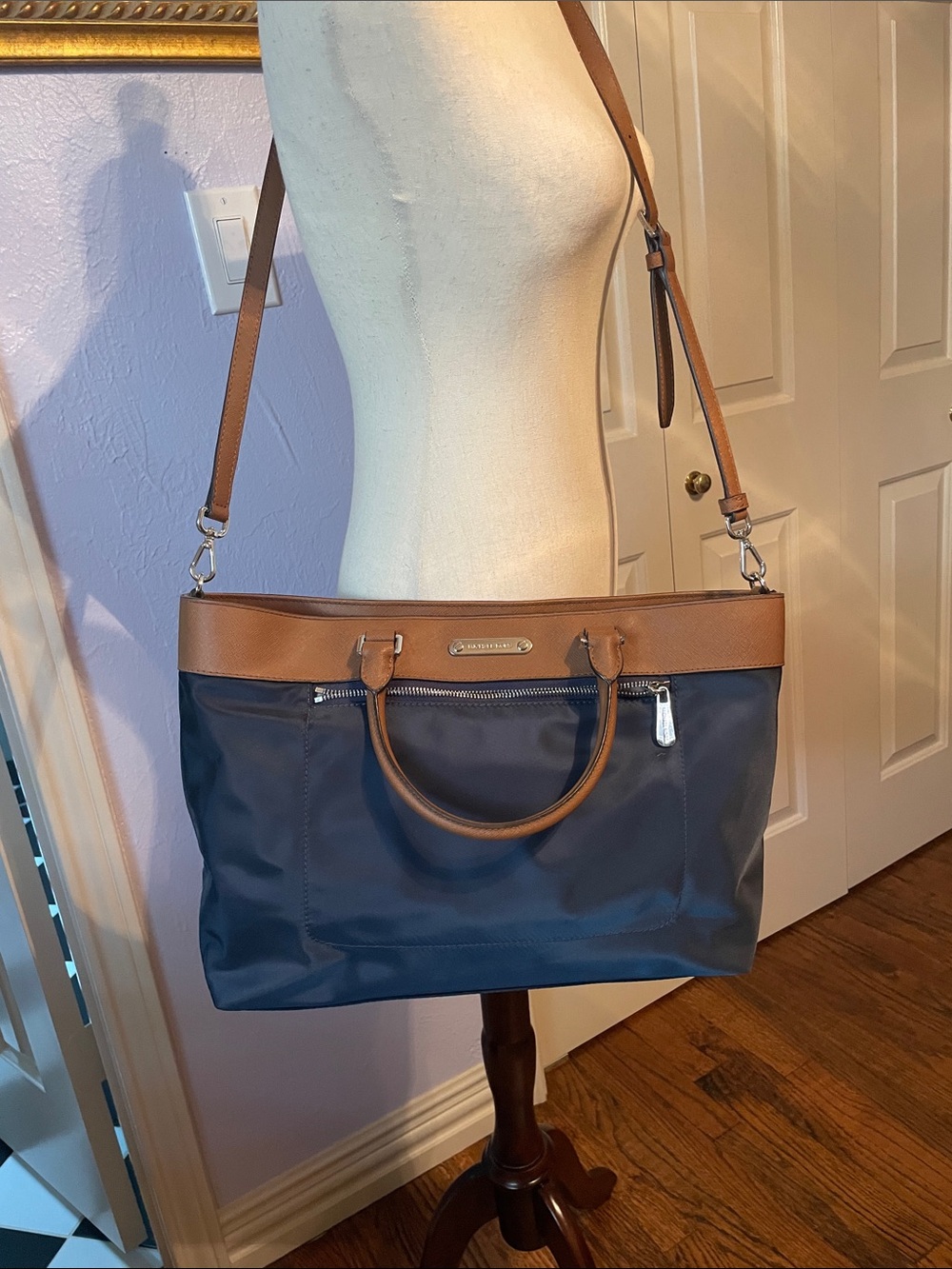 Michael Kors Navy and Tan Leather-Trim Tote